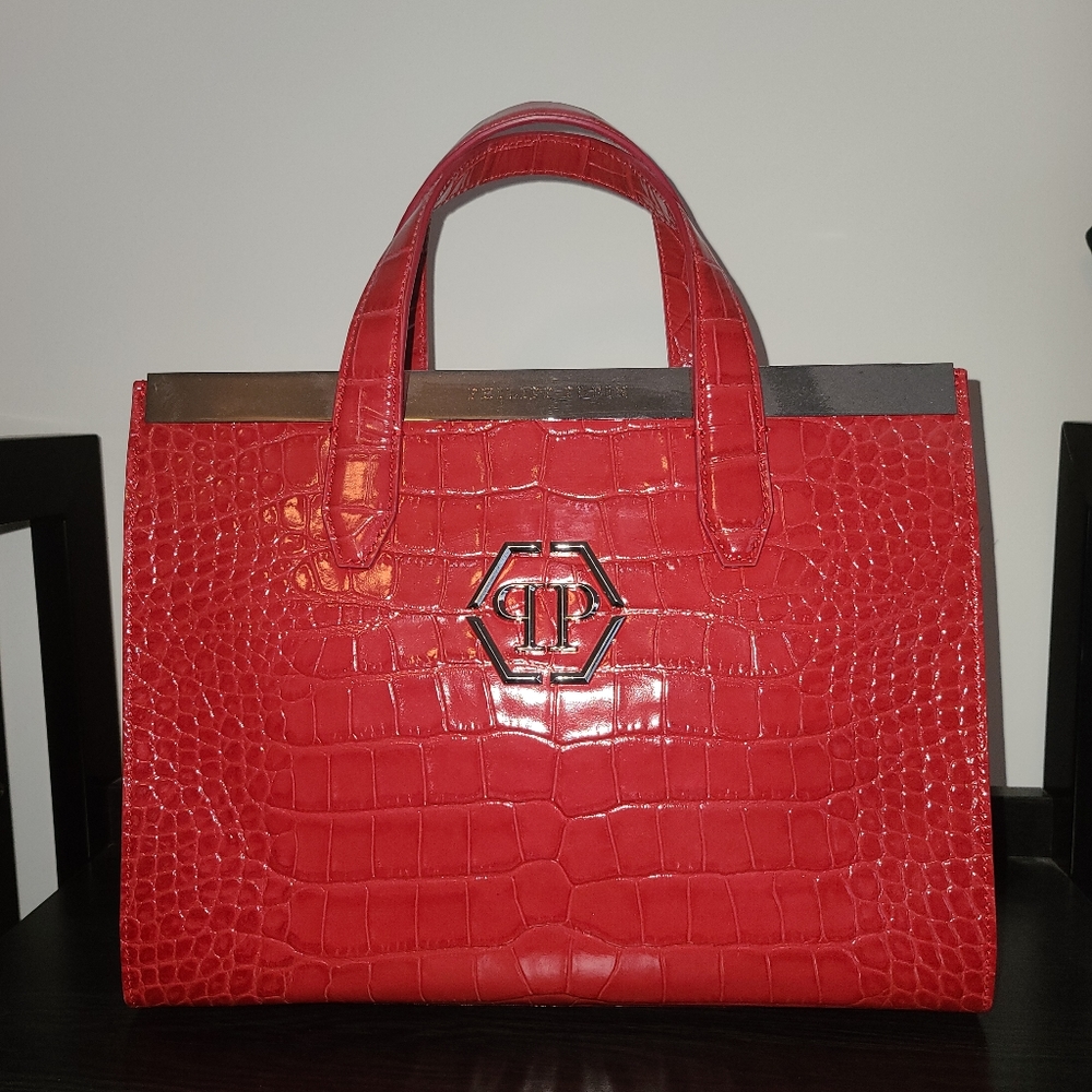 Beautiful Red Crocodile Print Philipp Plein Tote Handbag